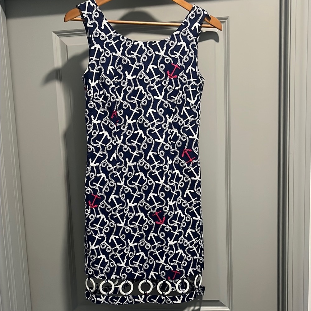 Lilly Pulitzer Navy Rope & Anchor Midi Sheath Dress with Pink Accents. Worn once